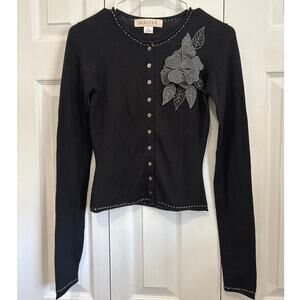 Walter Black Silk Cashmere Cardigan Floral Appliqué, Quiet Luxury, Size Small